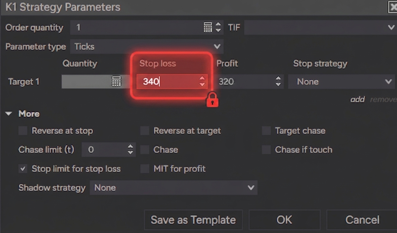 La estrategia ATM K1 configurada en NinjaTrader