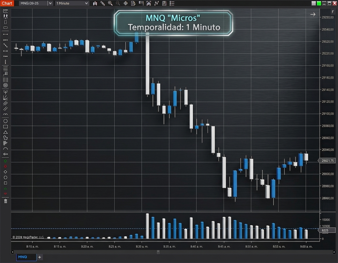 El gráfico de MNQ a un minuto, con el indicador de volumen